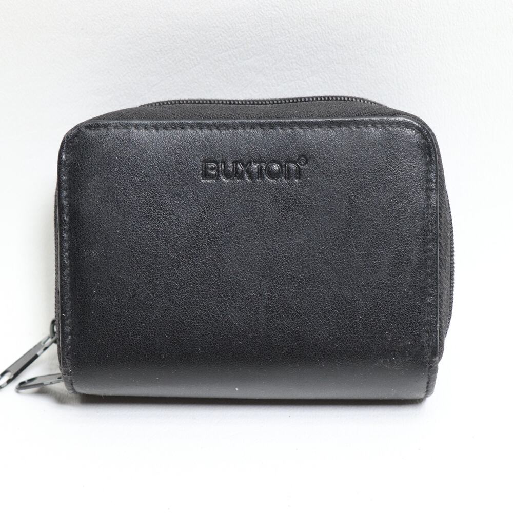 Buxton Credit Card Wallet Small Zip Around Black Leather Expandable